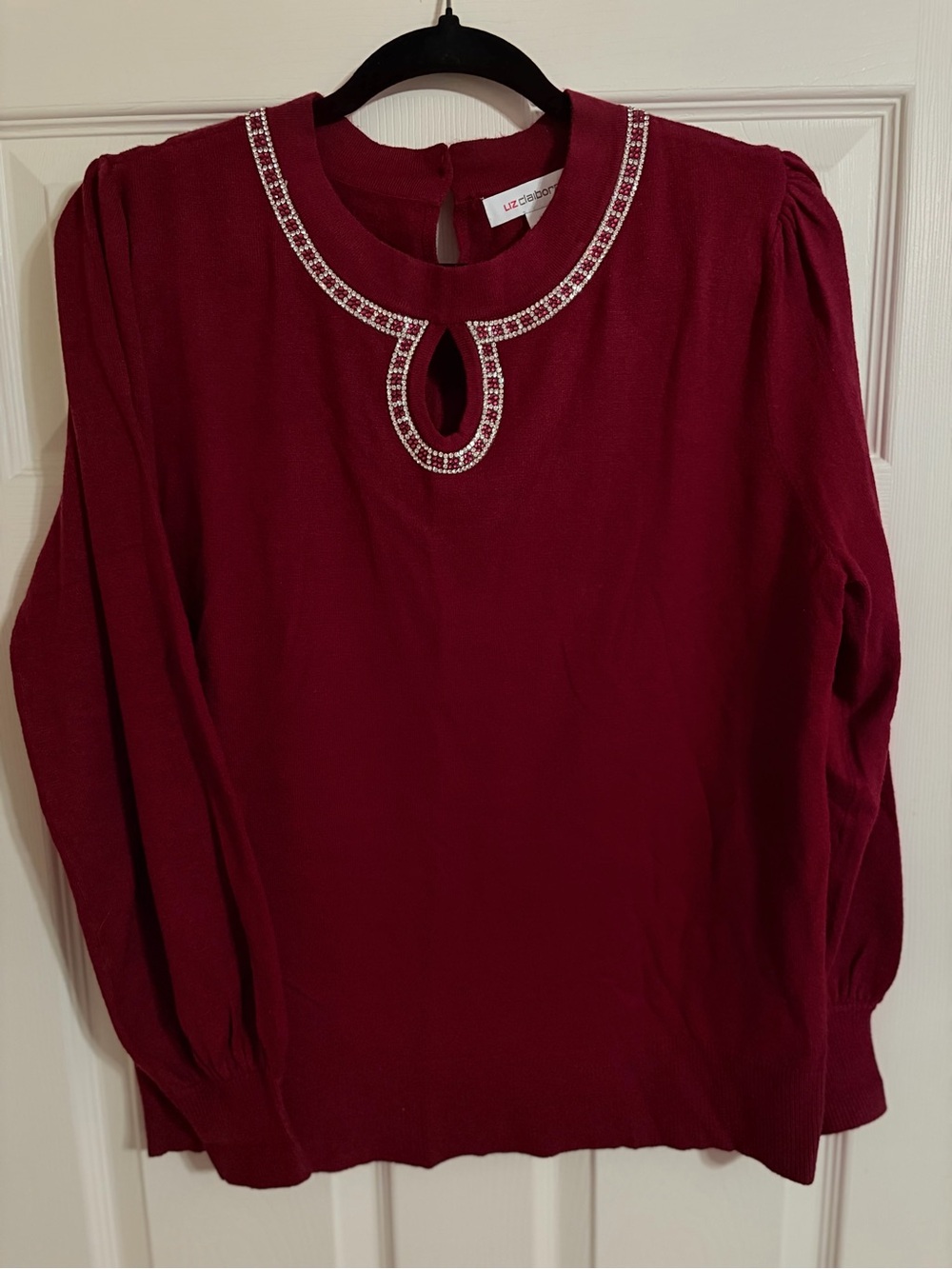 Liz Claiborne Wine Red Jeweled Keyhole Long Sleeve Top